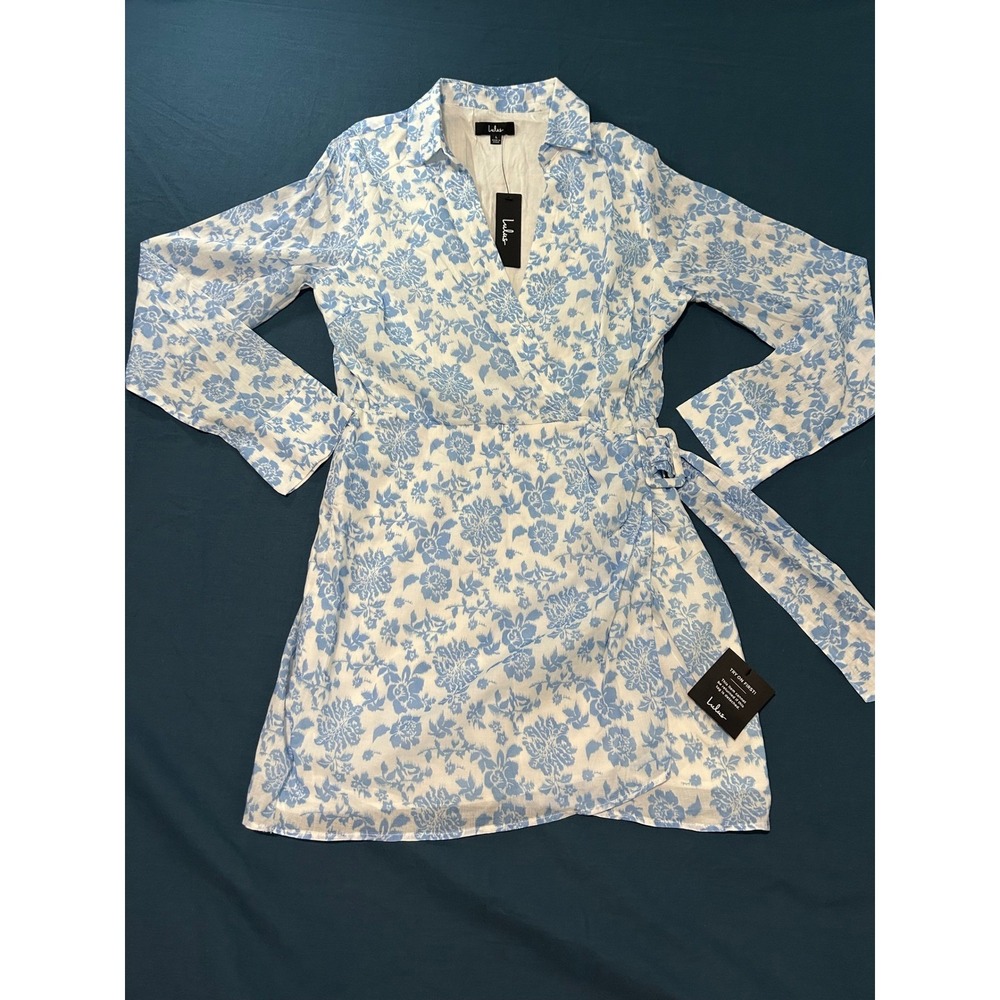 Lulus Blue White Floral Long Sleeve Wrap Mini Dress Cotton Buckle Detail NWT L - Picture 2 of 10